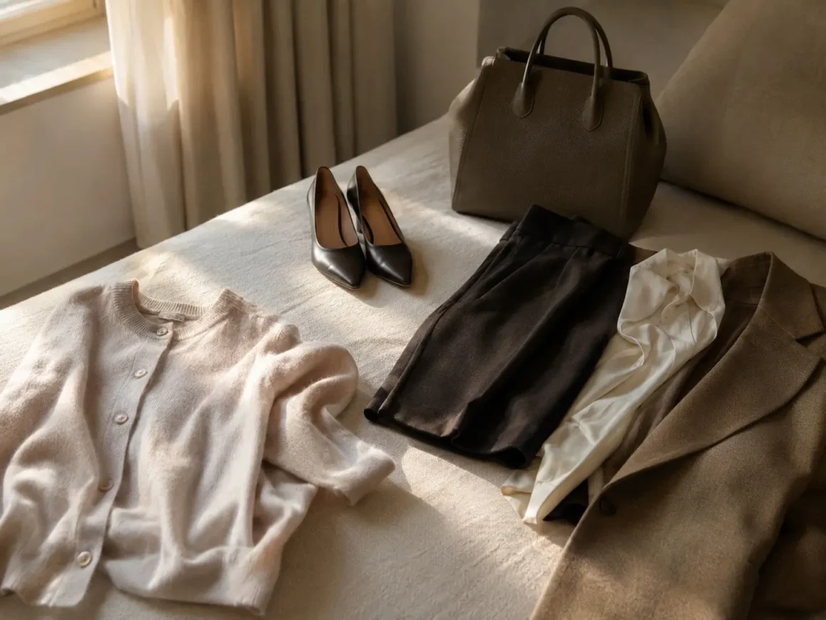 A cream cardigan is set apart from coordinated trousers, blazer, shoes, and a handbag to evaluate how it fits an existing wardrobe.