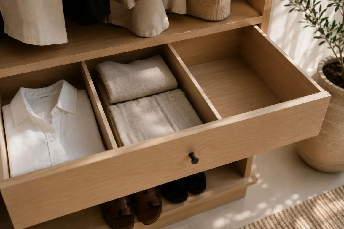 A beautifully organized drawer, half empty, with room to breath, to illustrate the principle of editing as a key element of how to build a quiet luxury summer wardrobe.