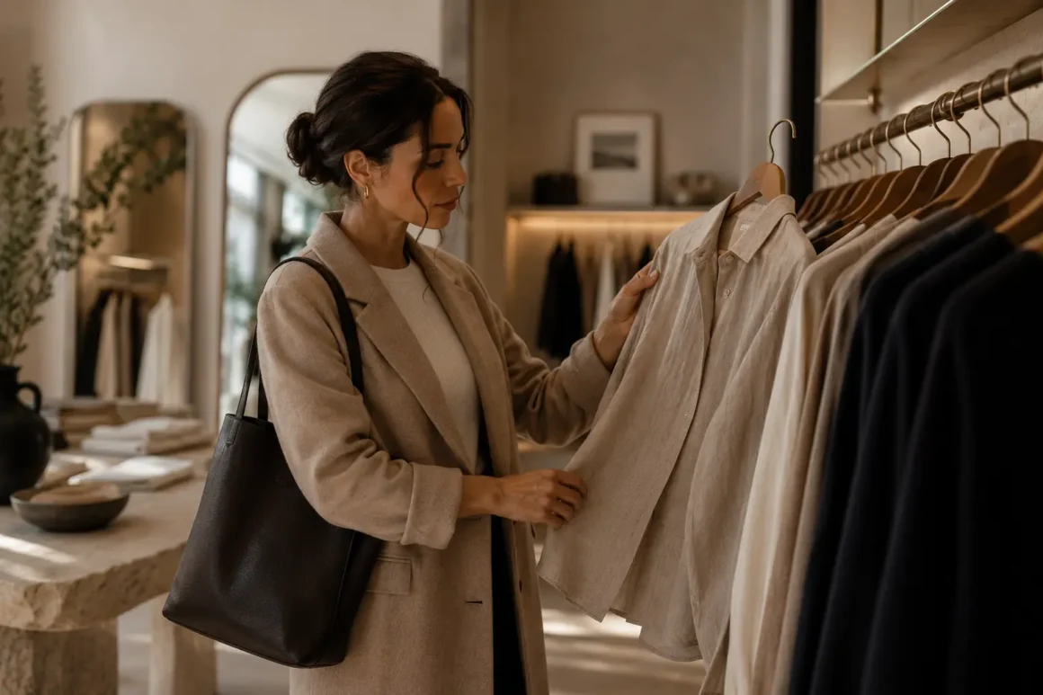 A shopper carefully inspecting the fabric and details of a linen shirt before making a purchase.