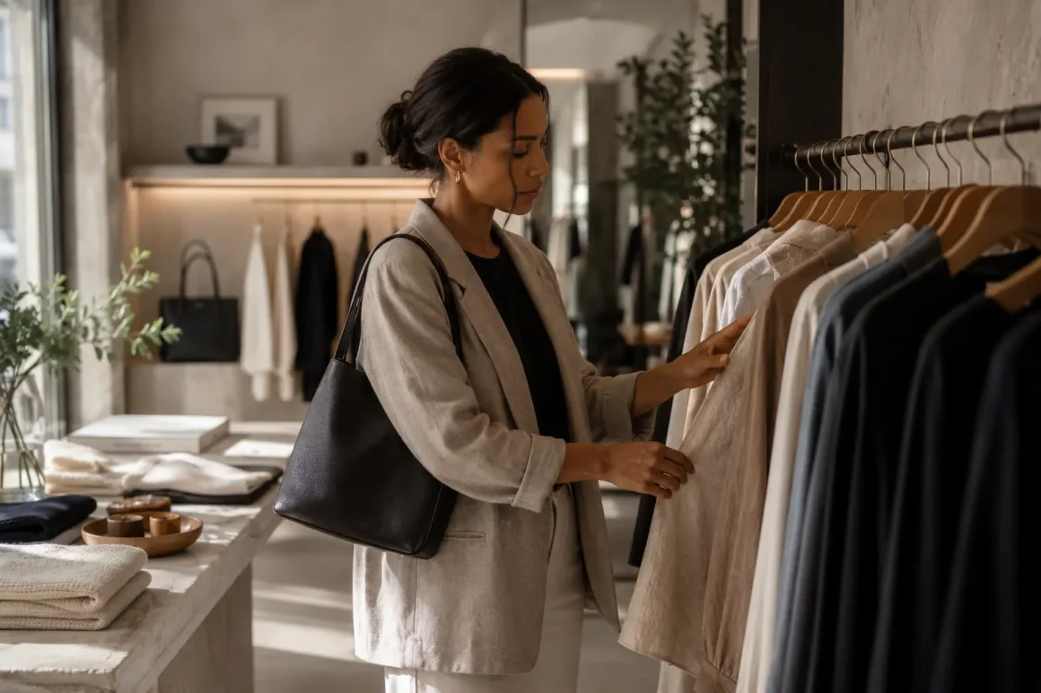 A woman thoughtfully examining a neutral blazer in a boutique before deciding whether to purchase it.