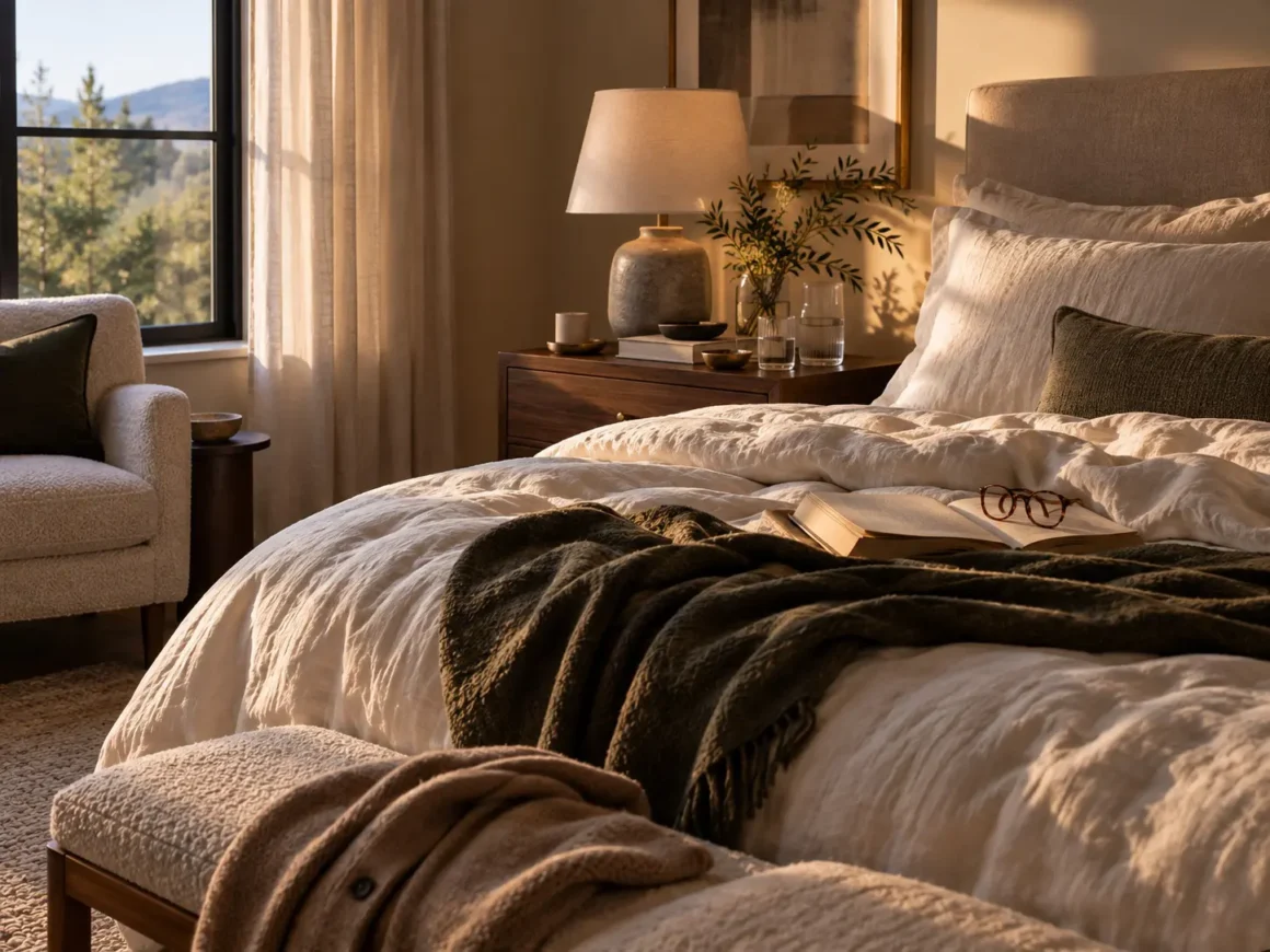 Warm, lived-in bedroom with rumpled linen bedding, an open book, reading glasses, water, and a cardigan on the bench.