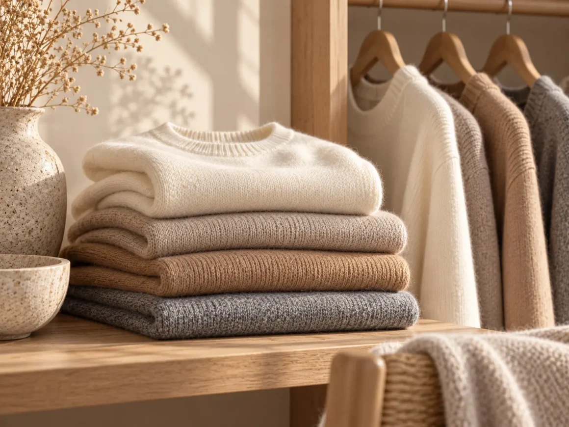 Folded and hanging cashmere sweaters in a calm wardrobe setting before making a purchase decision.