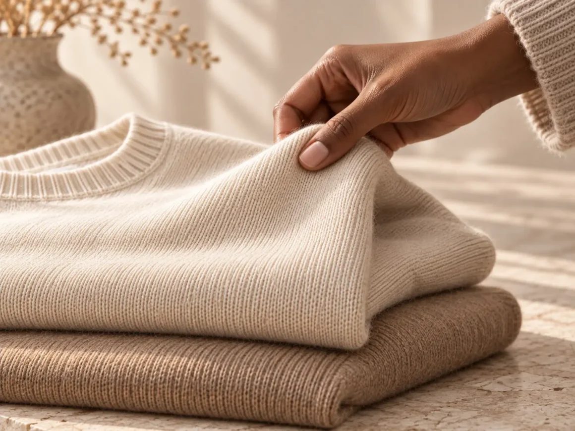 Hand gently lifting a cashmere knit to check its density, structure, and recovery.