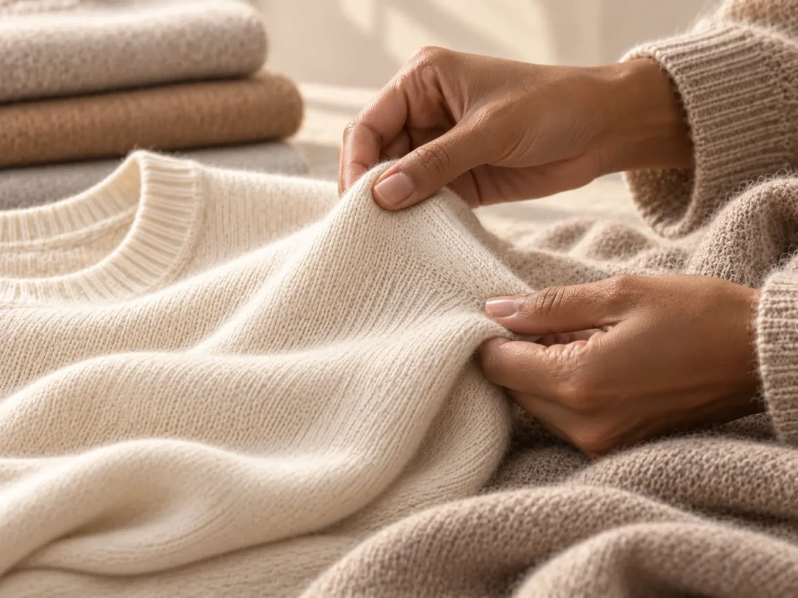 Hands examining an ivory cashmere sweater during a simple quality test before buying.