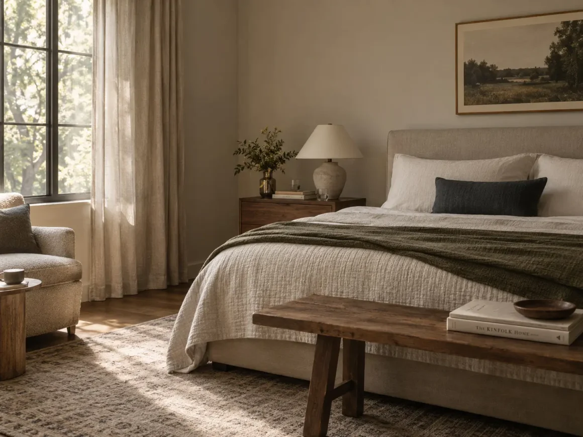 How to create a calm bedroom with layered neutral bedding, warm wood furniture, soft natural light, and restrained decor.