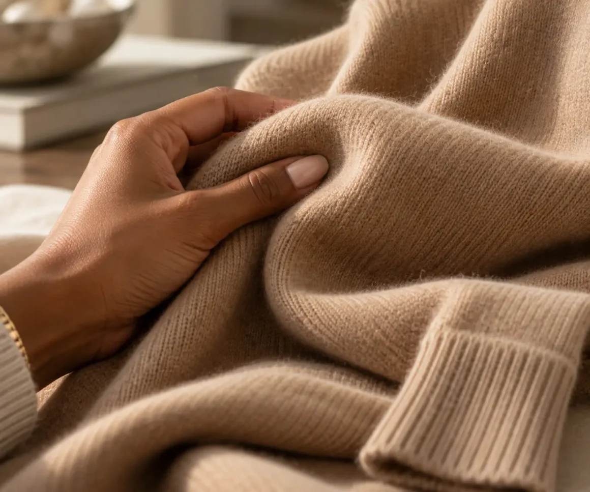Hand pressing into fine-gauge camel cashmere to show density and sot surface texture.