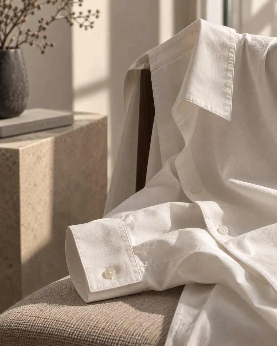 Ivory cotton shirt showing crisp structure, cuff detail, and visible weave.