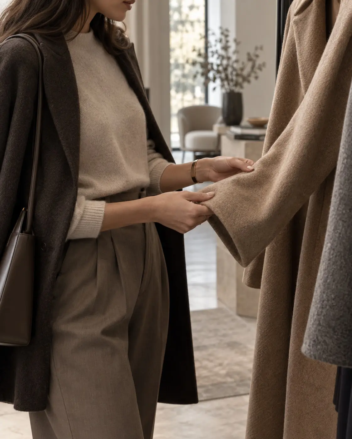 Woman examining the fabric of a camel coat in a quiet boutique.