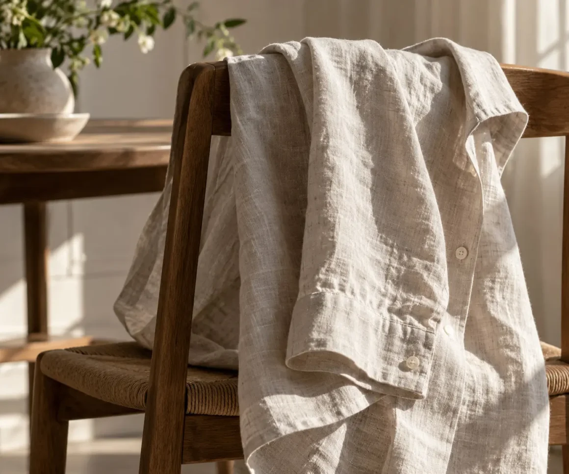 Natural linen shirt draped over a wooden chair with wrinkles and slubs visible.