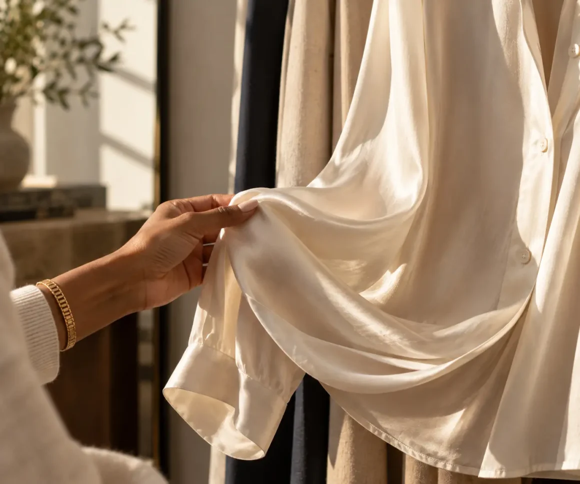 Hand lifting an ivory silk blouse to show fluid drape and subtle sheen.