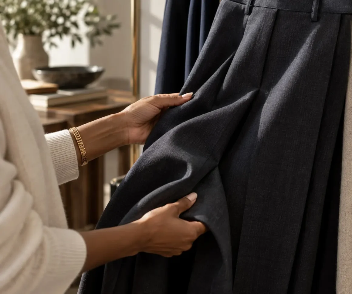 Hands examining the drape and structure of dark wool trousers.