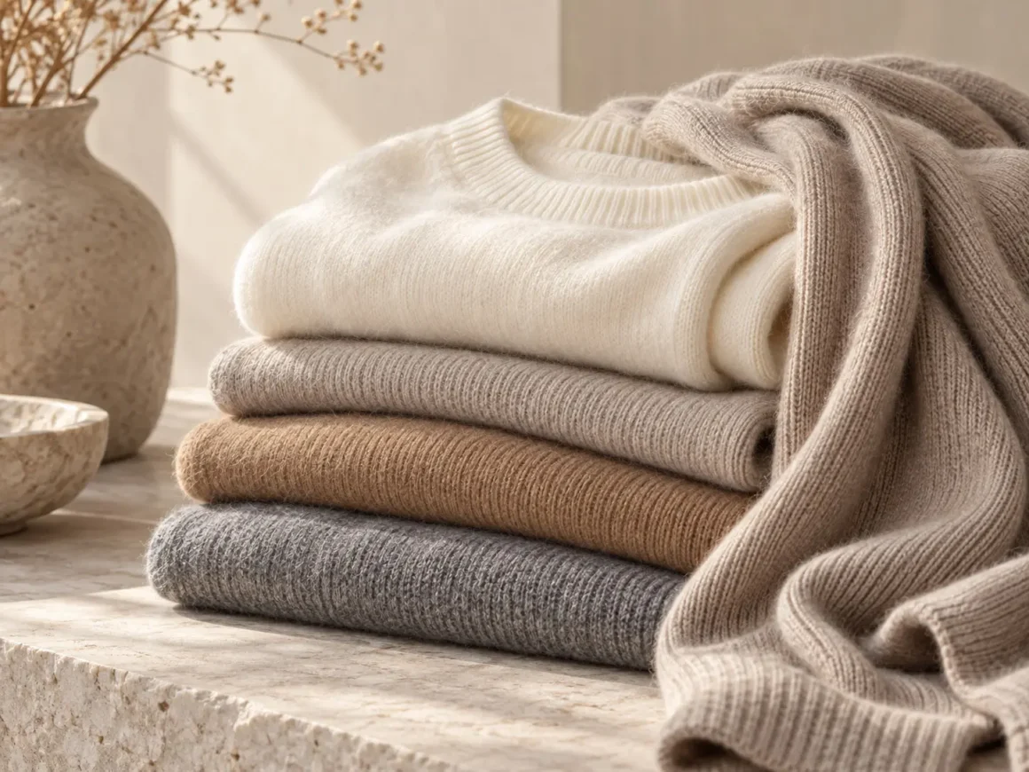 How to tell if cashmere is good quality with folded ivory, camel, taupe, and gray cashmere sweaters.