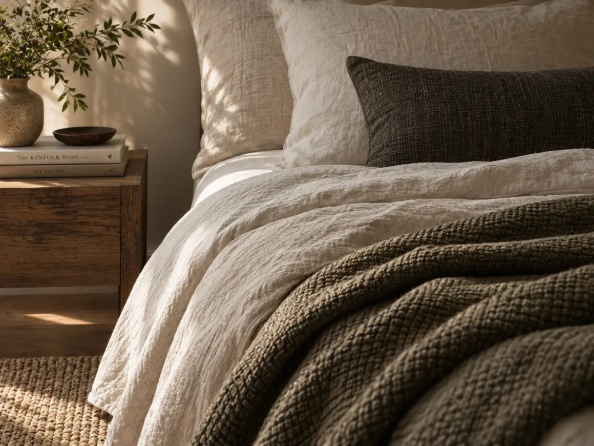Close view of ivory linen bedding, dark woven textiles, warm wood, and natural textures in a layered bedroom.
