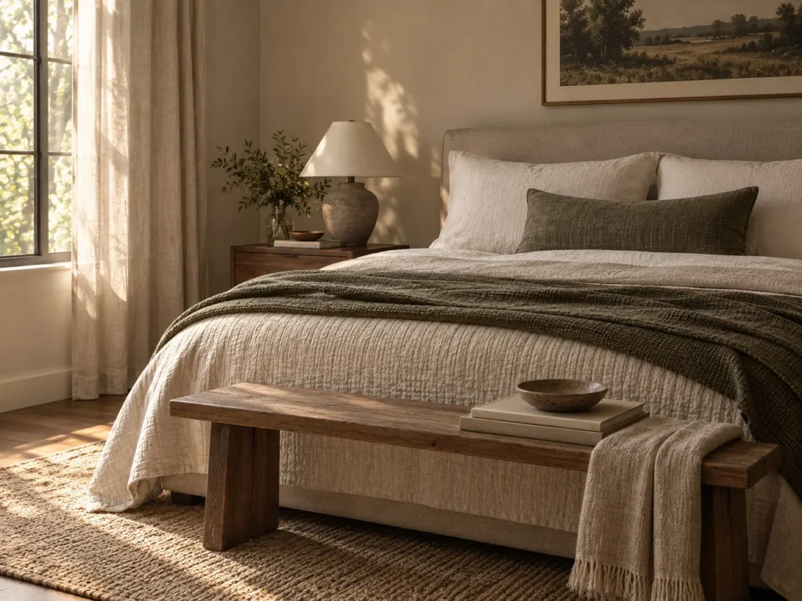 Calm bedroom with a simply layered bed, one lumbar pillow, textured throw, warm wood bench, and soft daylight.