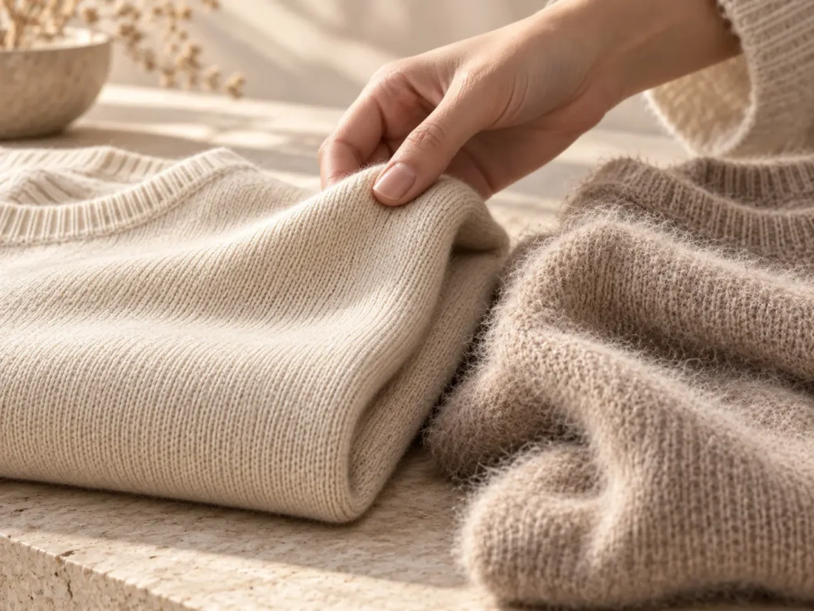 Close view of smooth and softly fuzzy cashmere knits showing differences in surface texture and finish.