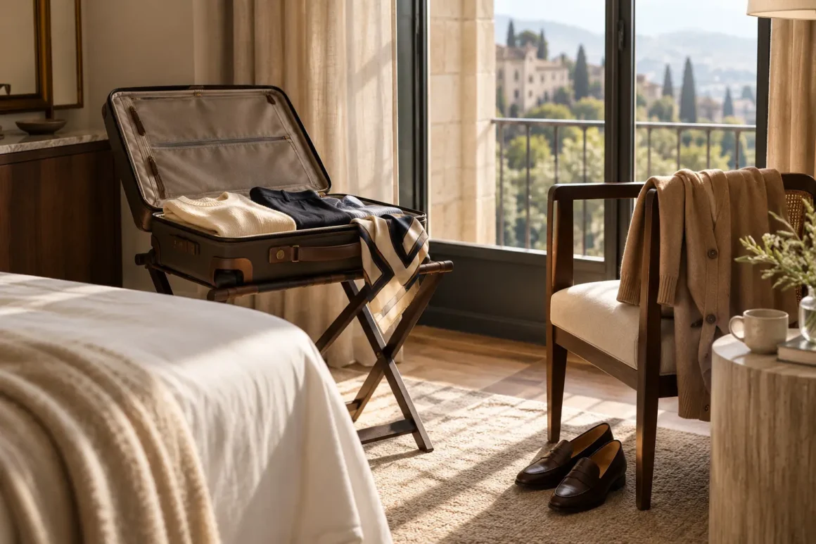 Small travel wardrobe in an open suitcase in a sunlit hotel room.