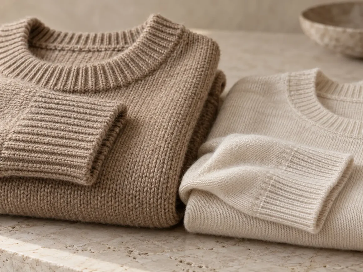 Neutral cashmere sweaters with different knit weights and construction details at the collar and cuffs.