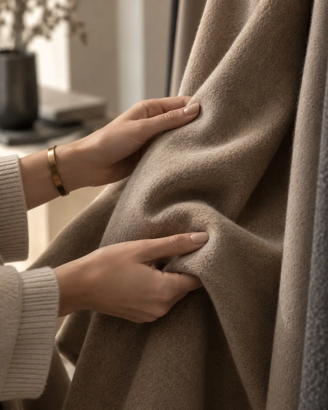 Hands gently compressing a soft woven fabric to assess texture and density.