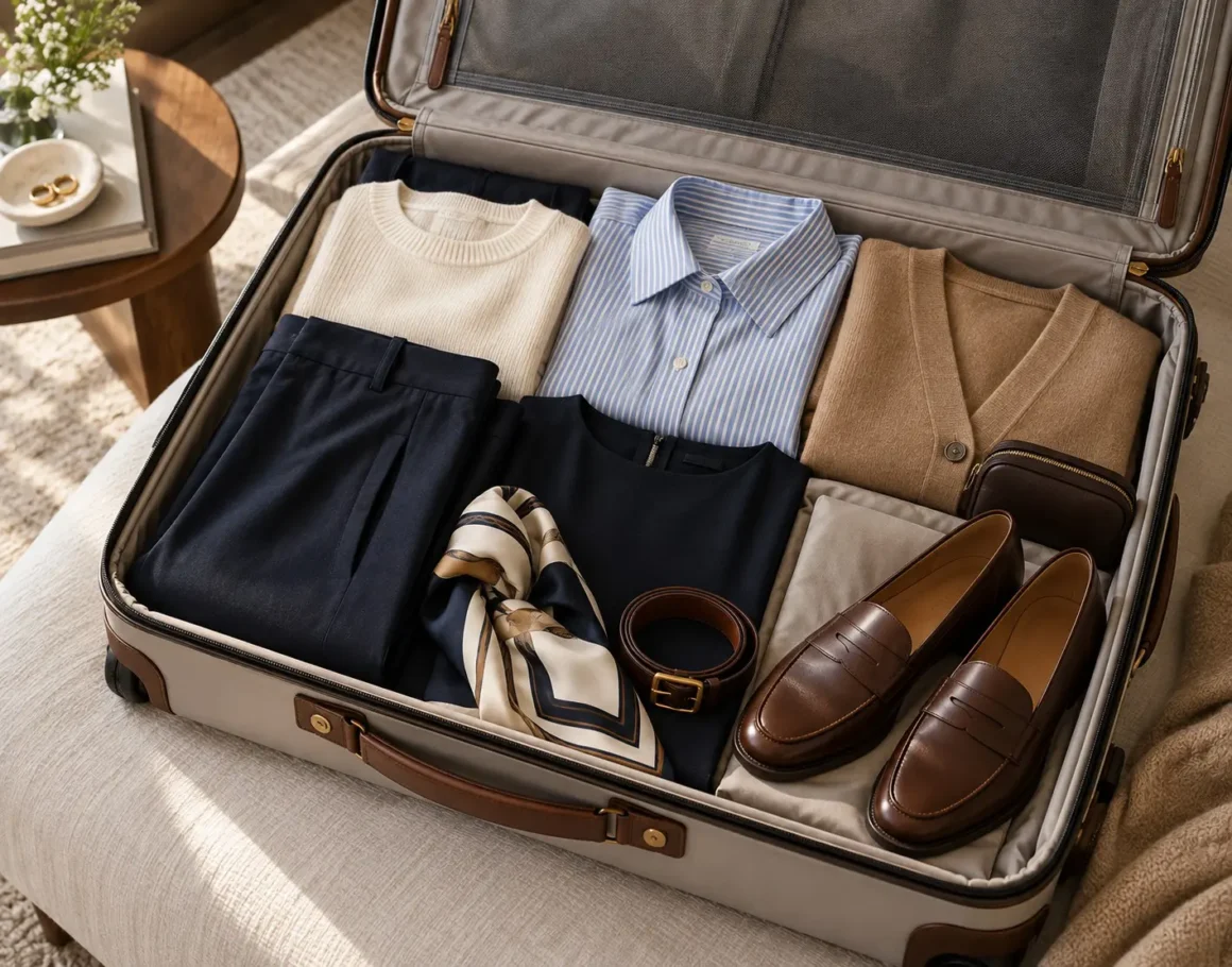 Travel capsule wardrobe packed in navy, ivory, camel, and brown.