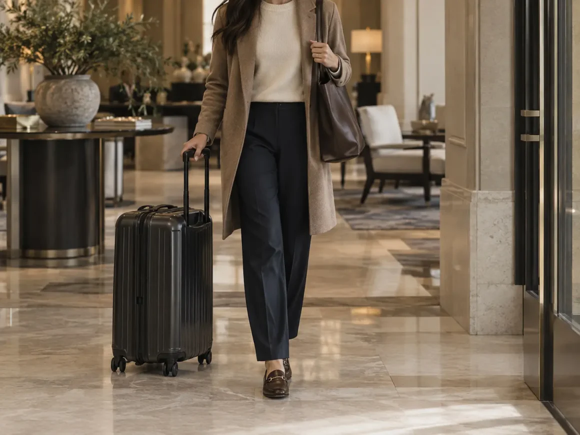 Woman arriving at a hotel in a polished travel outfit with rolling suitcase.