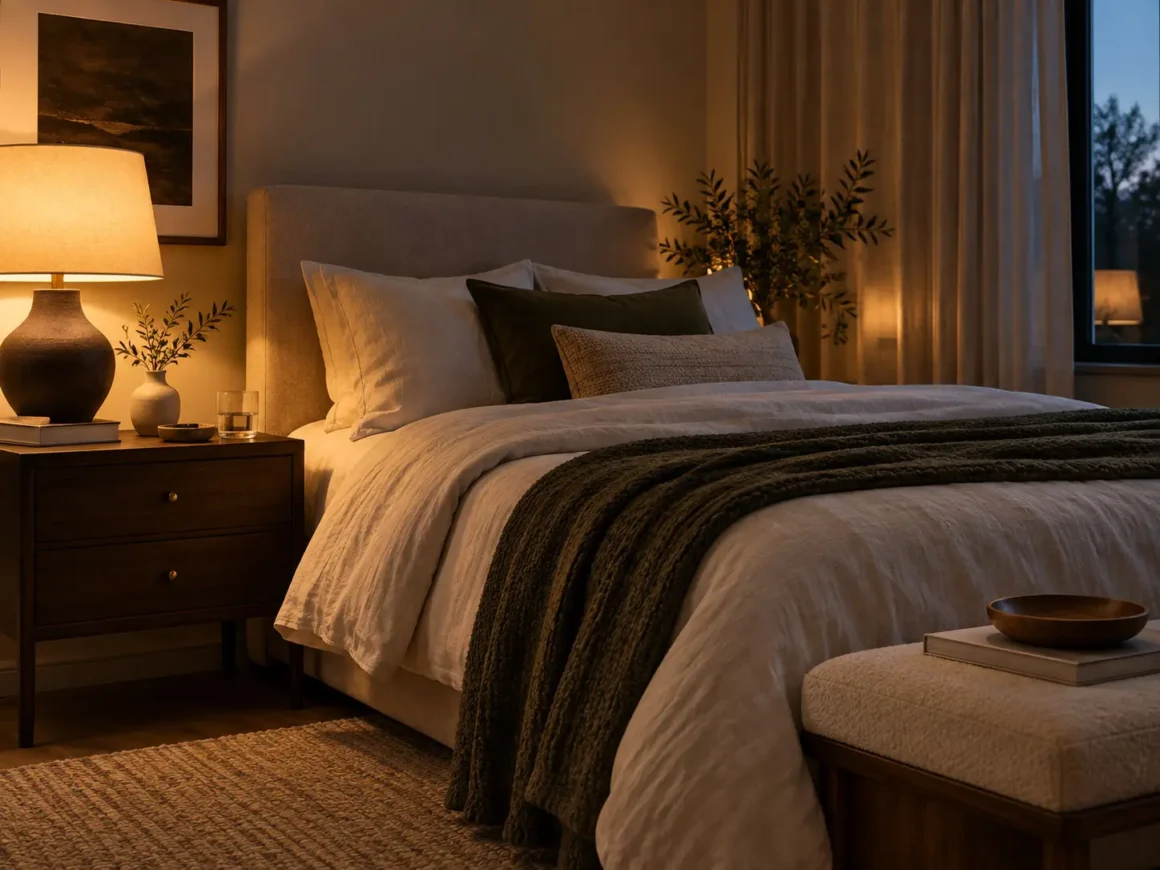 Bedroom at dusk with warm bedside lighting, soft shadows, linen bedding, and dark wood furniture.