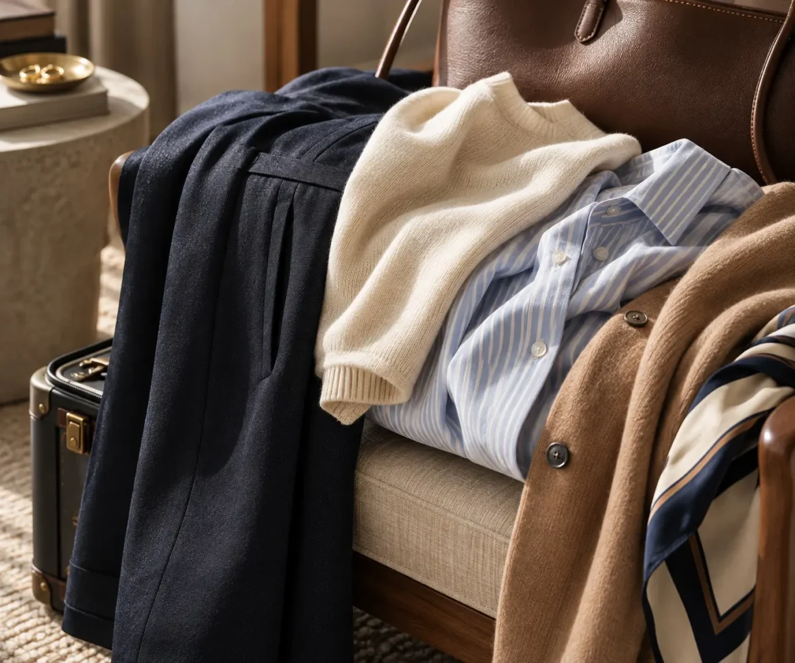 Wool trousers, knitwear, woven shirt and leather travel pieces.